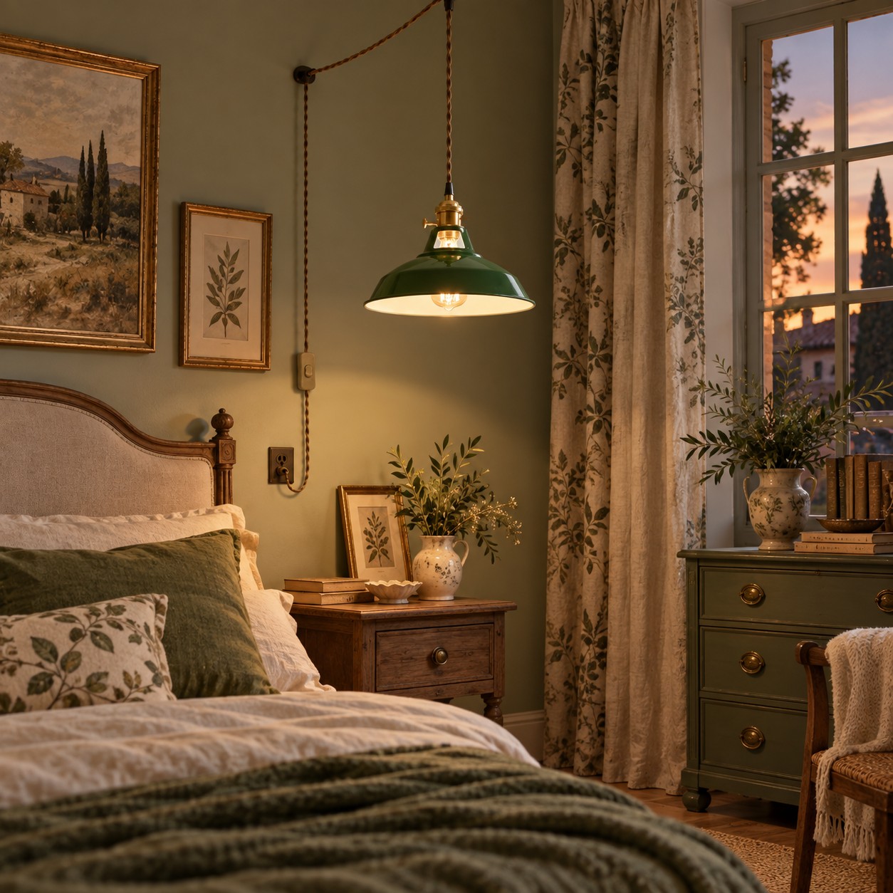 Green pendant in a botanical bedroom